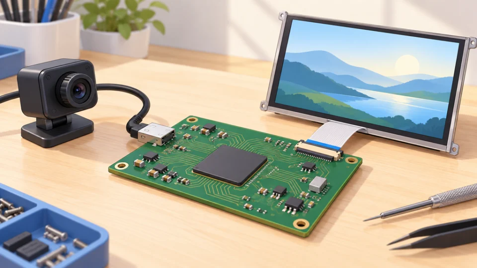 明るい作業台の緑色基板中央に汎用のSiPパッケージが載り、USBカメラとLCDが接続された編集イラスト。