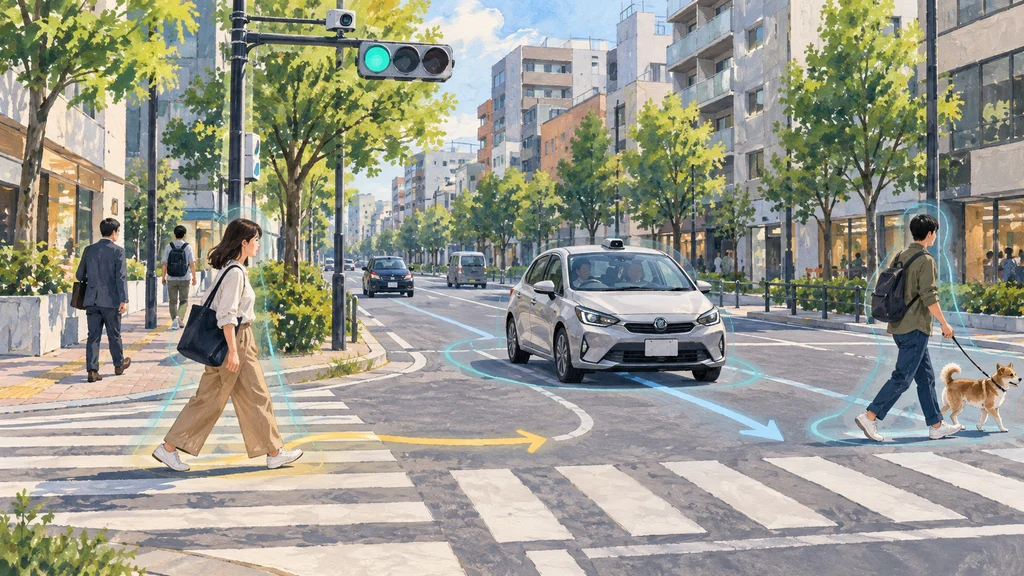 カメラ付き信号機と車がある街の横断歩道で、歩行者と車の周囲に淡い軌跡を重ね、街の映像と行動を統合して安全支援に生かすAIを描いた編集イラスト。