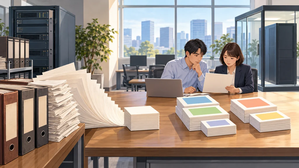 銀行の旧システムを示すサーバーラックと大量の書類が、整理された仕様書の束を経て、エンジニアとリスク担当者が確認する生成物と評価用サーバーへつながる編集イラスト。