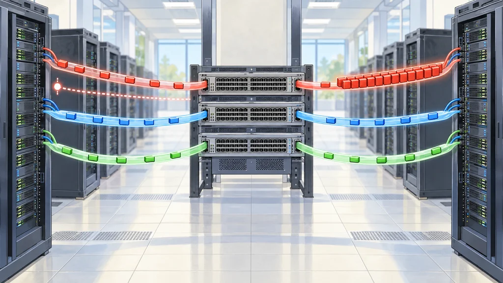 GPUサーバー間のEthernetスイッチで、混雑した経路のキューを避けてパケットが別経路へ流れる様子。