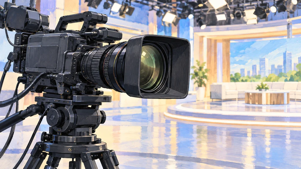 明るいテレビスタジオのセットを背景に、三脚に載った放送用カメラの大きなレンズを描いた編集イラスト。
