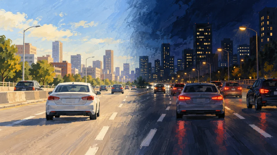 昼から夜へ移り変わる都市道路を走る乗用車と周囲の交通を描いた編集イラスト。