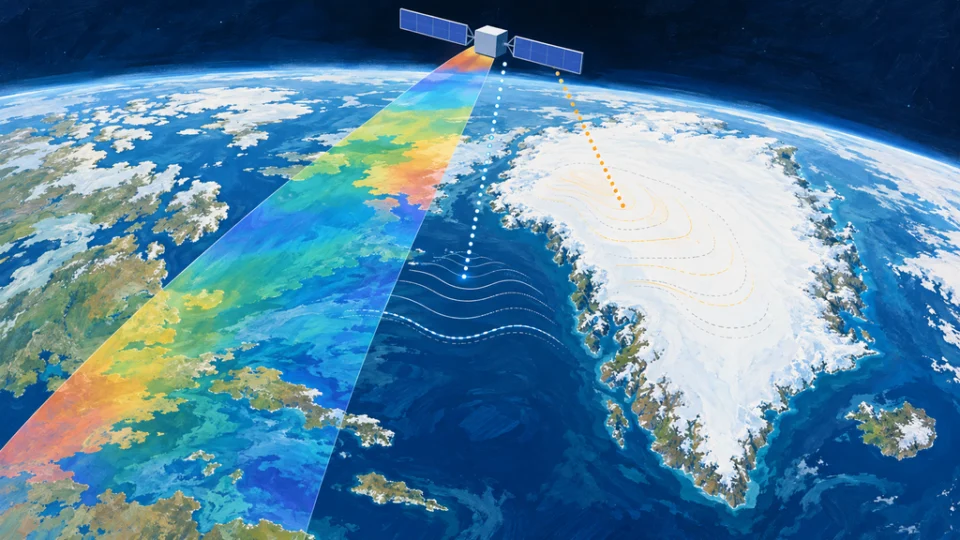 地球軌道上の無銘の観測衛星から、グリーンランドの氷床と周辺海域へ光学観測の色帯とレーダー高度測定の経路が伸びるイラスト。