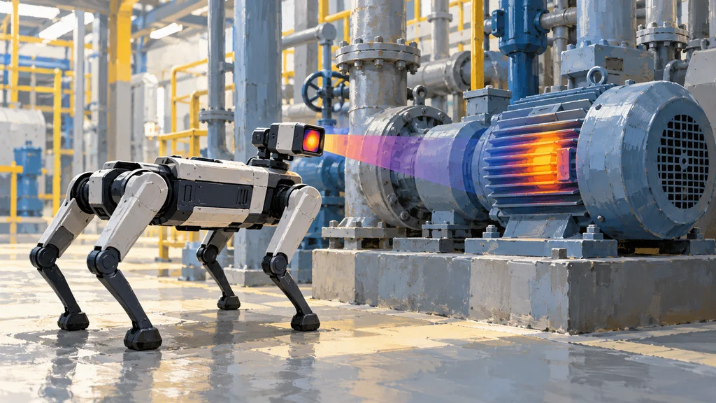 工場の床に立つ四脚の点検ロボットが、熱画像カメラを電動モーターへ向けている。モーターの一部が暖色で示され、過熱箇所の検査を表している。