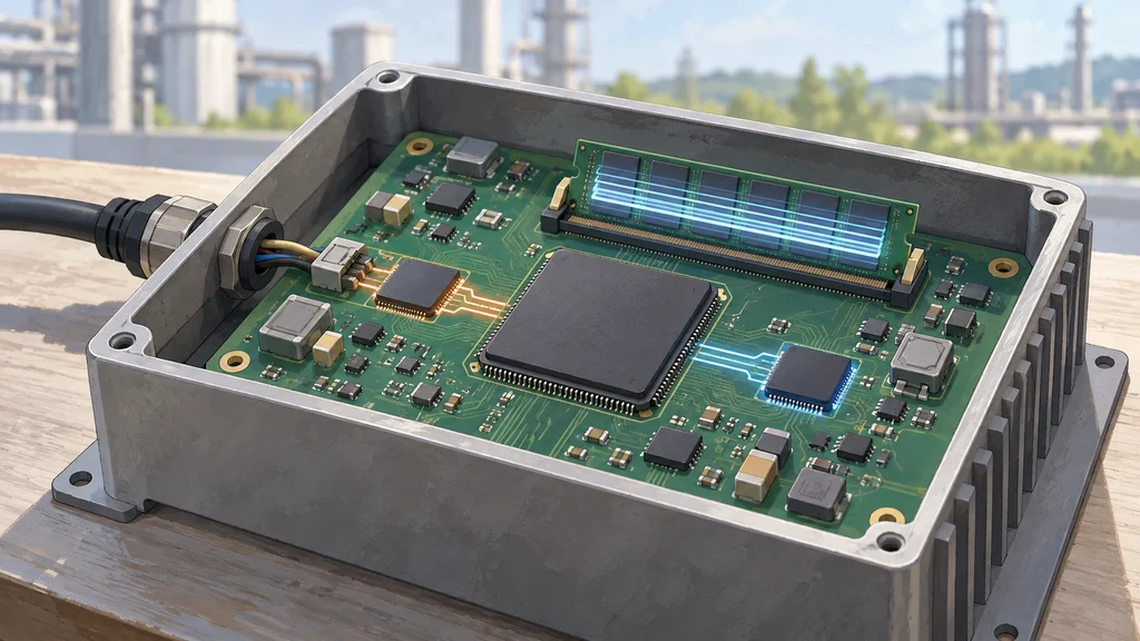 センサー入力を受ける2基のサブCPUと待機中のメインCPU、データを保持するDRAMを載せたIoTゲートウェイ基板の編集イラスト。