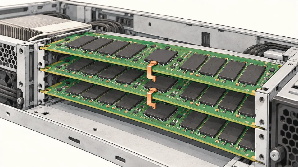 サーバー筐体内に並ぶ3枚のフラッシュメモリーボード。各ボードのコントローラーが順につながり、複数のメモリーチップへ接続されている様子を描いた編集イラスト。