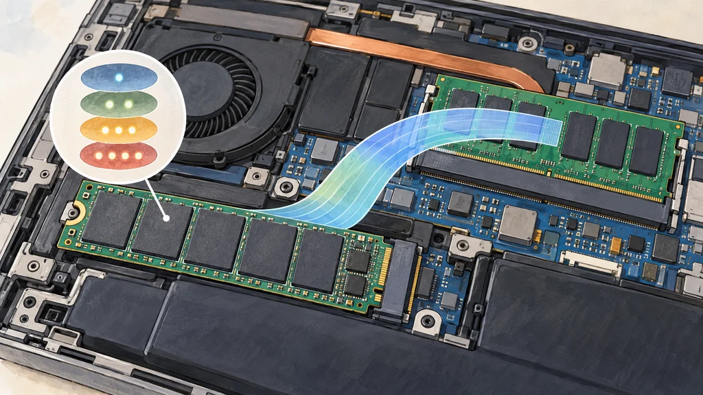 ノートPCの基板に取り付けられたM.2 SSDとシステムメモリーを描いたイラスト。SSDからメモリーへの帯状の表現が、Host Memory Bufferによるホストメモリー利用を示し、拡大図がQLCの4ビット記録を抽象的に表している。