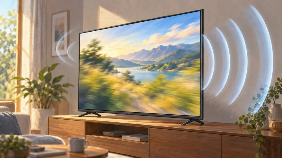 明るい居室に置かれた液晶テレビ。画面のフレームから前方へ半透明の音波が広がり、画面には一部が鮮明な風景映像が映っている。