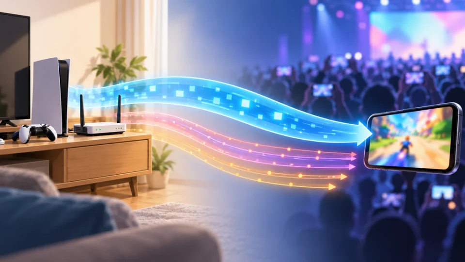 家庭のゲーム機とルーターから、混雑したイベント会場のスマートフォンへゲーム映像が届く様子を、専用通信経路と一般通信の流れを分けた帯状の表現で示す編集イラスト。