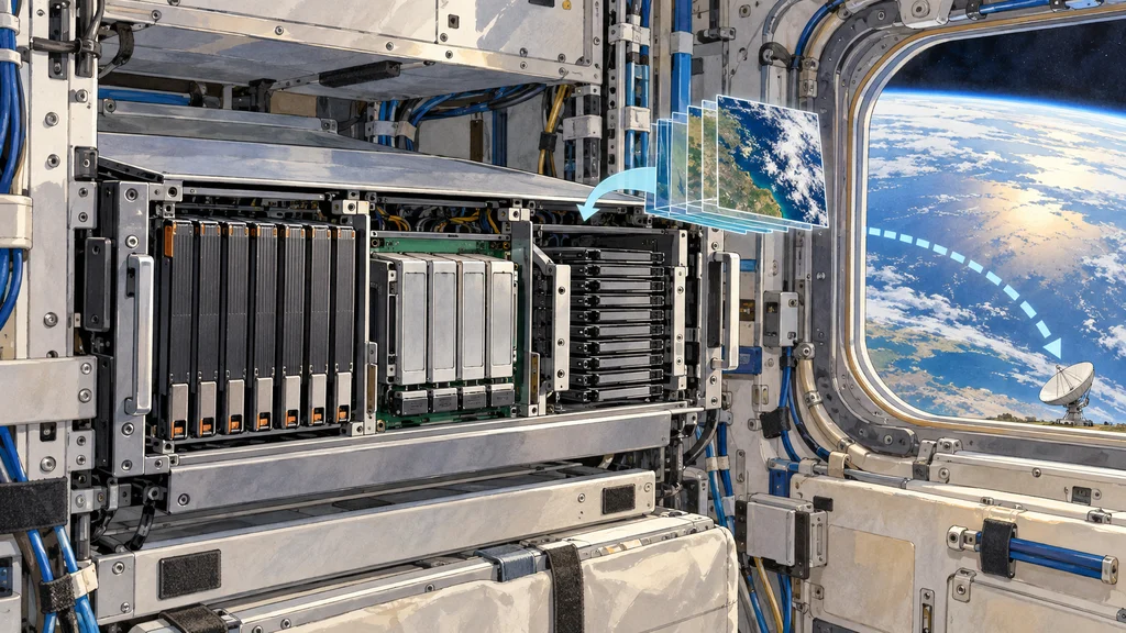 地球を望む宇宙ステーション内のラックに固定された汎用計算機。内部に複数種類のSSDが並び、地球観測画像の処理と状態ログの送信を示す図案が添えられている。