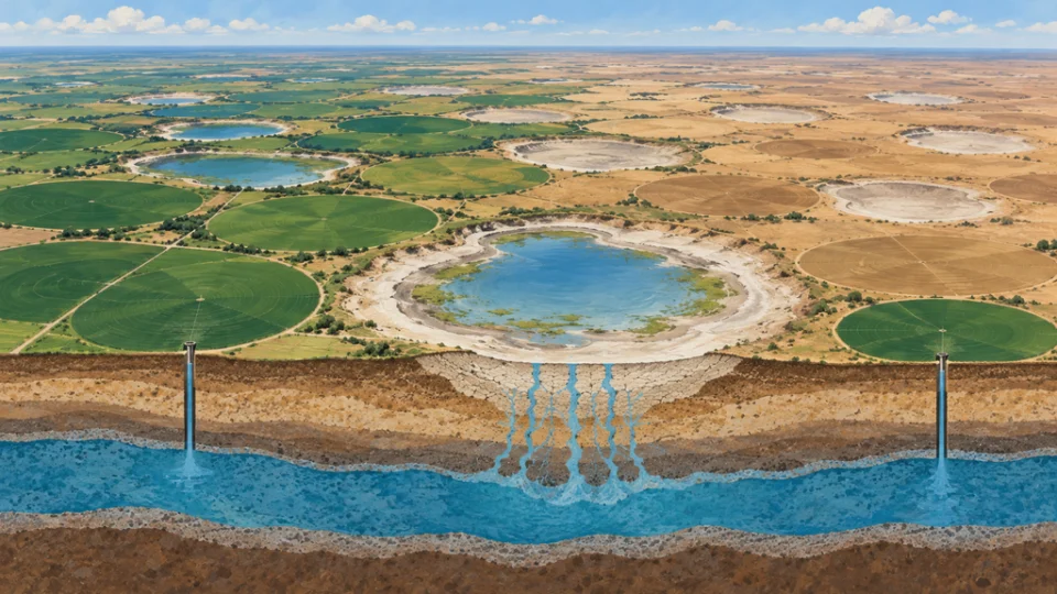 テキサス高原の円形農地に点在する浅いプラヤ湖を描いた俯瞰イラスト。緑の農地と水の残る湖から、乾燥した茶色の農地や干上がった湖へ移る様子と、湖に集まる雨水が地下水層へ浸透する断面を示す。