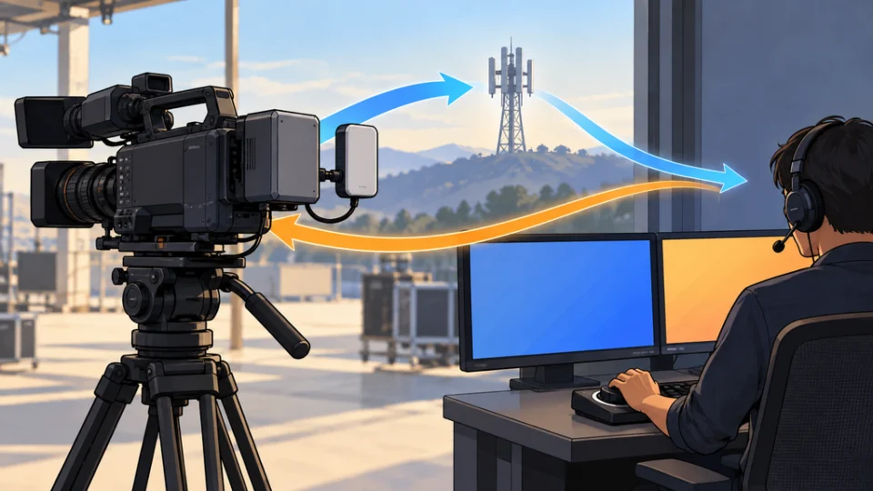三脚に載った中継カメラの背面に通信ユニットと5G端末が接続され、離れた制作卓との間で映像が往復し、遠隔操作が行われる様子を描いたイラスト。