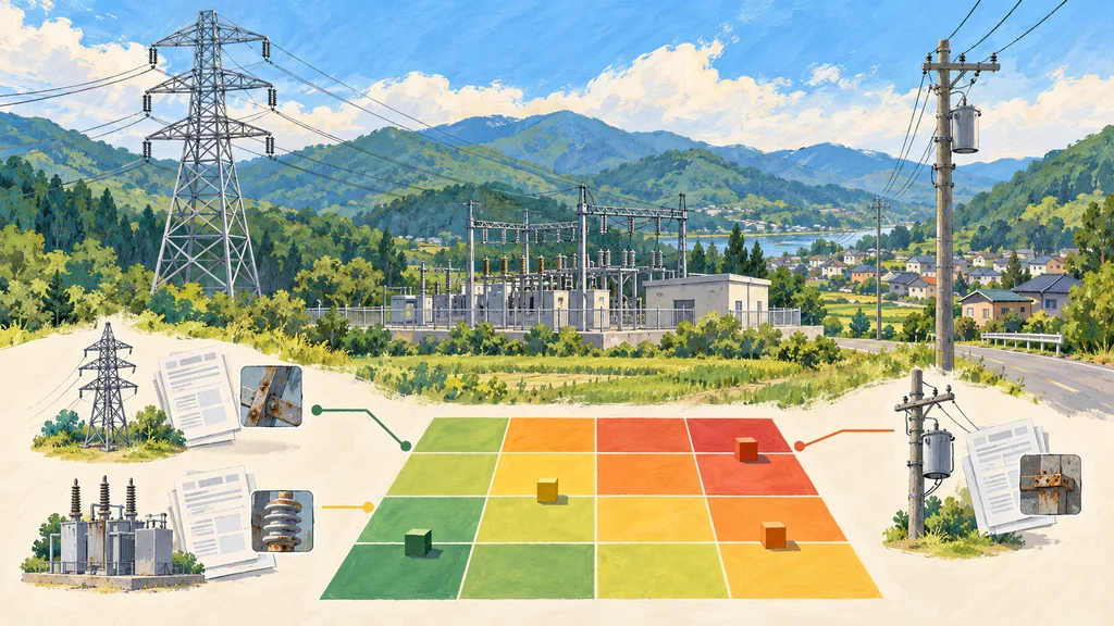 送電鉄塔、変電設備、配電柱のそばに点検記録と劣化箇所の図が並び、設備の状態を故障リスクの色分けマトリックスで評価する仕組みを示した編集イラスト。