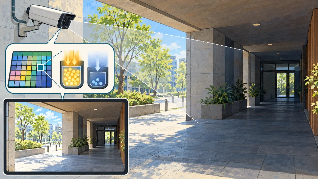 明るい屋外と暗い建物の通路を同時に捉える監視カメラと、画素の電荷蓄積を概念的に示す拡大図。