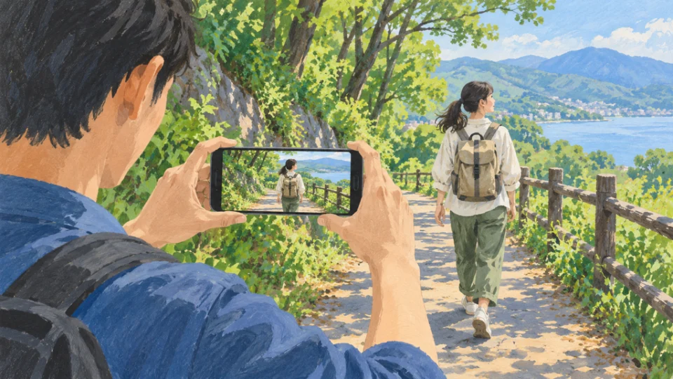 木々のある道を歩きながら横向きのスマートフォンで前方の歩行者を撮影する人。画面内では歩行者が中央に捉えられている。