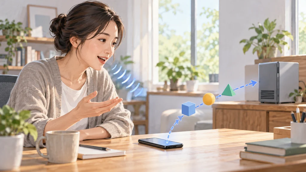 明るい机でスマートフォンに話しかける人物。人物と端末の間には短い音声波形があり、端末から幾何学的な処理の記号が奥の汎用コンピューターへ続き、会話とバックグラウンド処理の並行を示している。