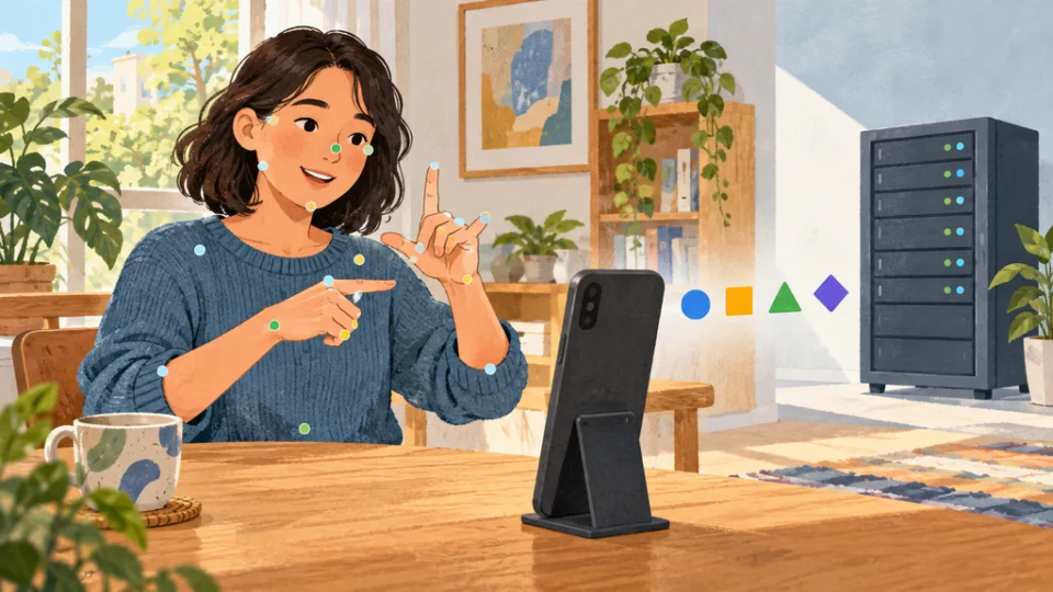 明るい室内で手話をする人物と、身体の位置を示す点が付いたスマートフォン。端末からサーバーへ向かう幾何学形の列が、手話の動きを英語入力へ変換する流れを表す編集イラスト。