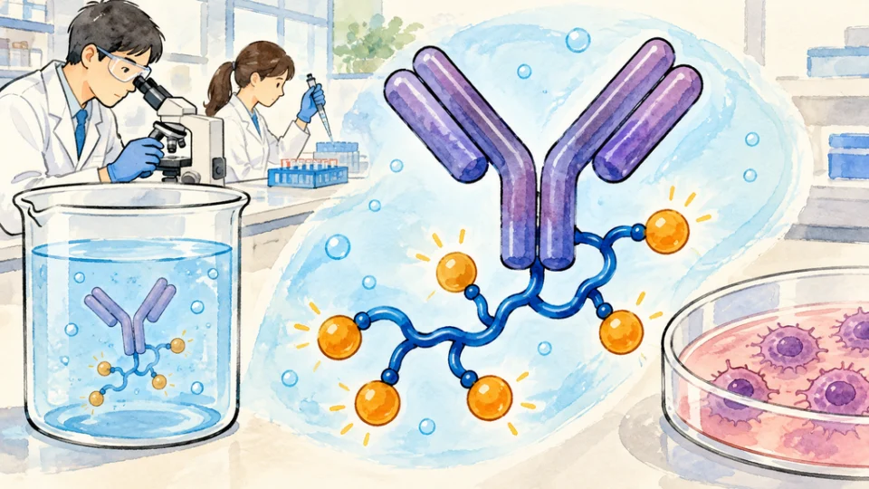 水溶液を示す青い背景に、複数の薬剤分子を高分子リンカーで結合した抗体の模式図。背後には研究台と細胞培養皿が描かれている。