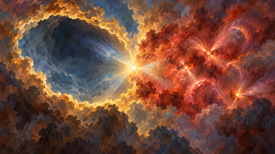 NGC 7129の星形成雲を描いた編集イラスト。中央付近の若い星の左には金色に縁取られた大きな空洞が広がり、右側の赤いガス塊では複数の原始星の噴出流が周囲の雲と交差している。