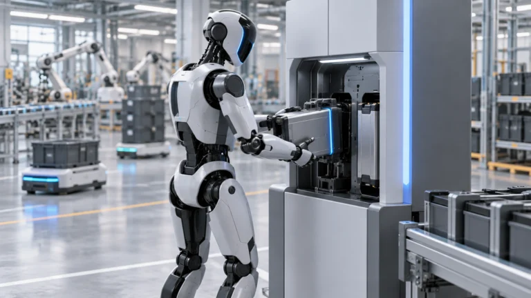 工場内の交換ステーションで電池モジュールを扱う人型ロボットのAI生成画像