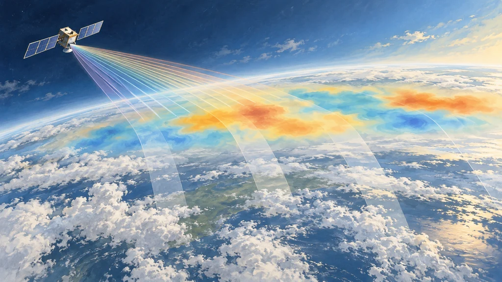 静止気象衛星から大気へ伸びる複数の観測帯と、雲に覆われた地球上空に色の濃淡で示されたCO₂濃度の推定分布。