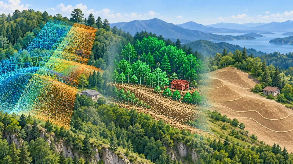 山林の斜面に重なる色分けされた測量点群から植生や構造物の点を分離し、地表面の三角形メッシュと等高線を作る処理の流れを描いたイラスト。