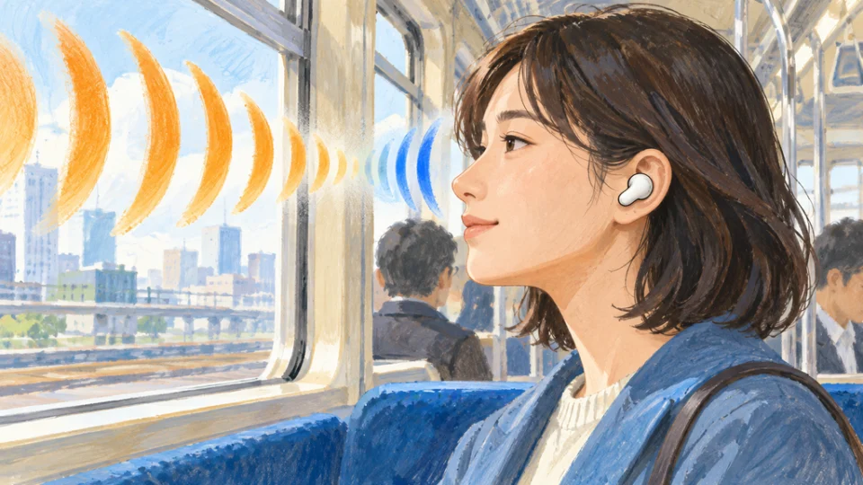 列車内でワイヤレスイヤホンを着けた人の耳に向かい、周囲の音波と逆向きの波が重なって弱まる様子を描いた編集イラスト。