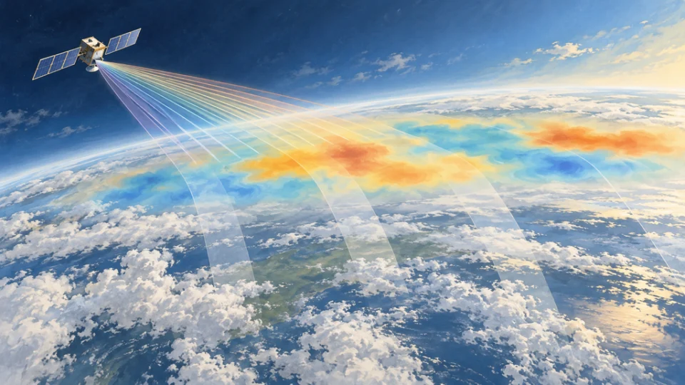 静止気象衛星から大気へ伸びる複数の観測帯と、雲に覆われた地球上空に色の濃淡で示されたCO₂濃度の推定分布。