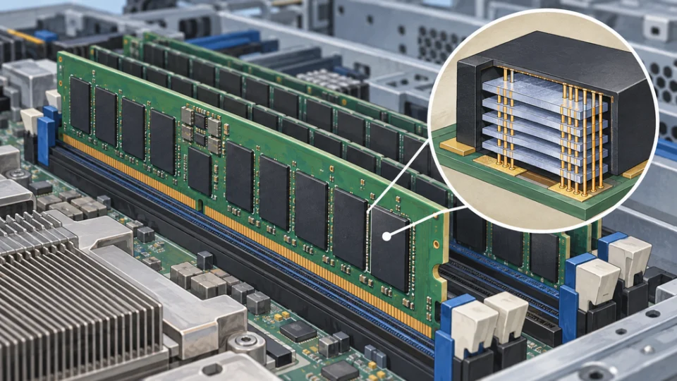 サーバー基板に装着されたDDR5メモリーモジュールと、内部で垂直積層されたDRAMダイをTSVで結ぶ構造の拡大図。