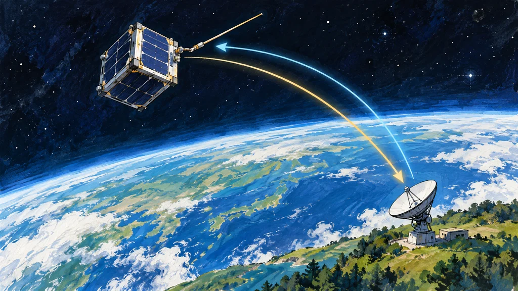 地球の上空に浮かぶアンテナ展開後の超小型衛星と、地上のアンテナ局との間を行き来する双方向通信を描いた編集イラスト。
