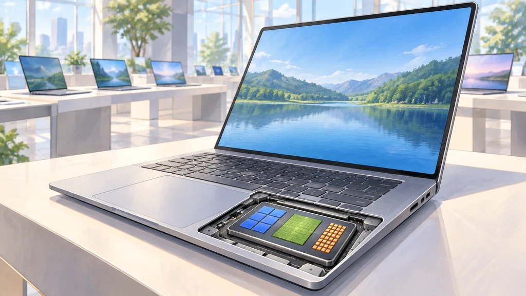 展示されたノートPCの内部に、CPU・グラフィックス・NPUを備えるプロセッサの概念構成を示した編集イラスト