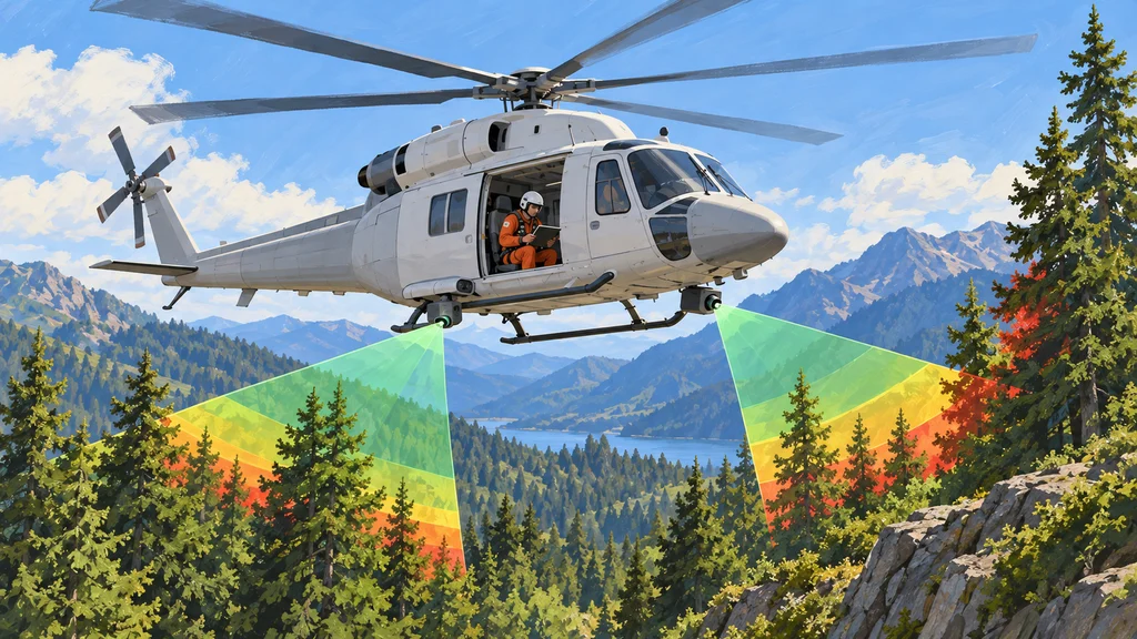 森林に近い山間部でホバリングする救助ヘリコプター。機体下部の左右のセンサーから周囲へ走査範囲が広がり、近くの樹木を緑・黄・赤で距離別に示している。機内では乗員が表示器を確認している。