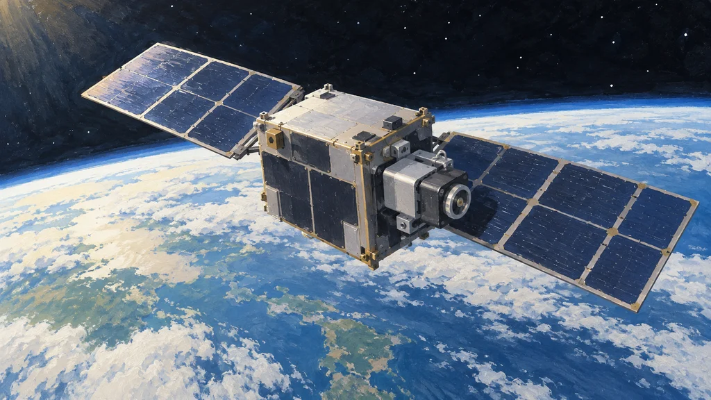 地球上空を飛ぶ小型衛星のバスに、小型ホール推進機が取り付けられた様子を描いた軌道実証の概念イラスト。