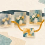 ノイズから画像が形になる過程に、別経路の補正が加わる様子を描いた編集イラスト