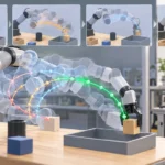 ロボットアームのシミュレーションで複数の動作軌道を評価・修正し、選択した経路で箱を運ぶ様子を示す編集イラスト
