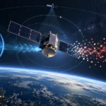地球軌道上の衛星の周囲で電子信号が干渉し、散乱する概念図