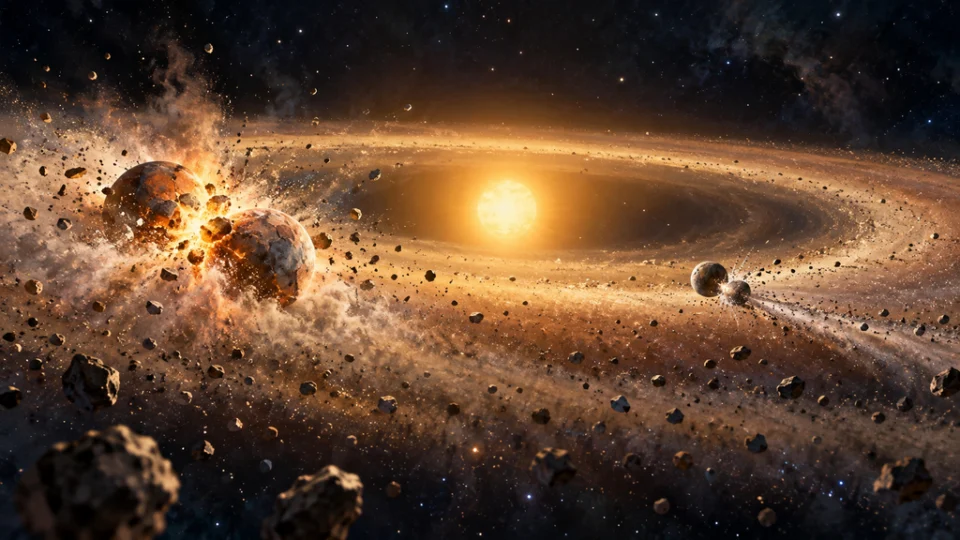 恒星を取り巻く温かい塵の円盤の中で、火星サイズの天体同士の大規模衝突と月サイズの天体同士のかすめる衝突を対比した編集イラスト