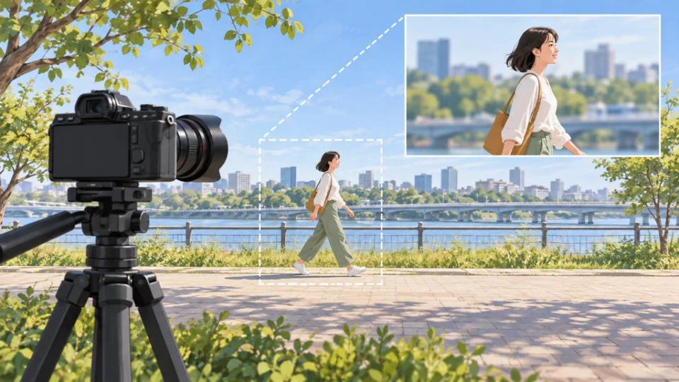 三脚に固定された動画カメラが、歩く人物を撮影しながら画像の切り出しで構図を追従させる様子を描いた編集イラスト。