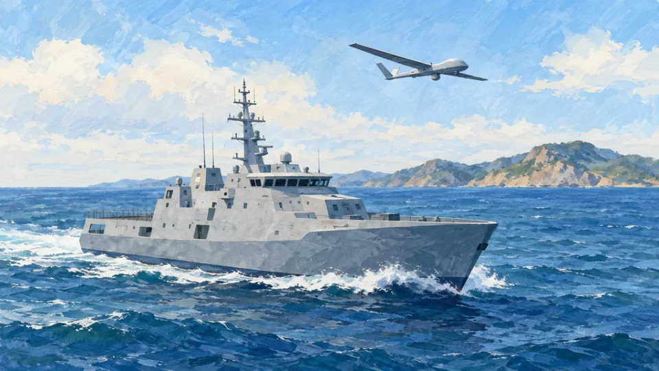 島影の見える海を進む哨戒艦と、その上空を飛ぶ艦載ドローンを描いた水彩調の編集イラスト。