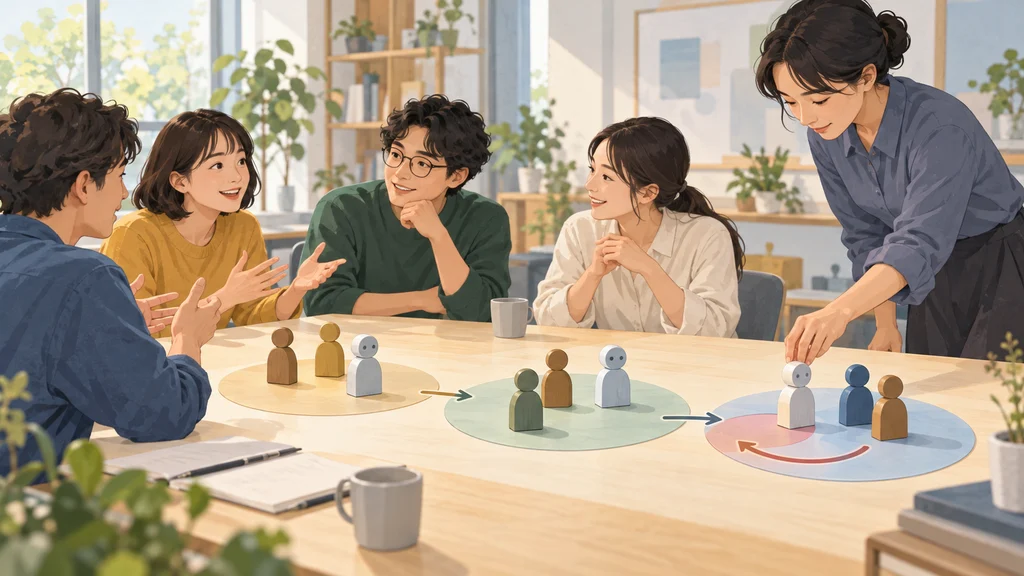 明るい部屋で人々がテーブルを囲んで話し、研究者が参加者を表す駒を段階ごとの円形スペースに配置している。人とAIが加わる集団会話の構成や進行、人による介入を描いたイラスト。