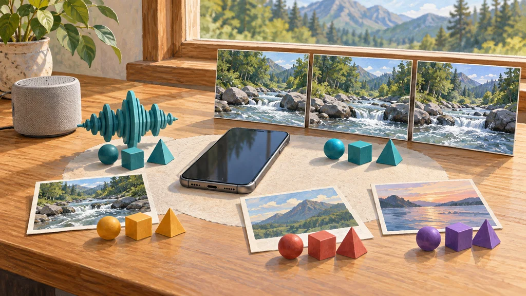 窓辺の机に置いた無銘のスマートフォンのそばで、音波の形と川の流れを少しずつ映す動画フレームが、共通の幾何学形状で表現されている。
