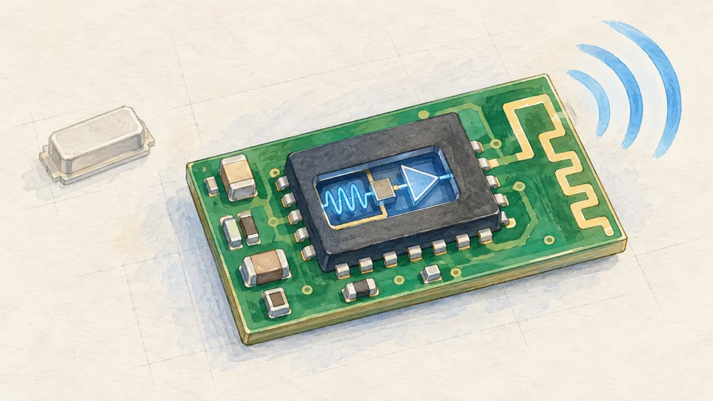 少数の外付け部品とアンテナを備えた小型基板にBluetooth LE半導体を載せ、チップ内部の発振波形と無線通信を示した編集イラスト。