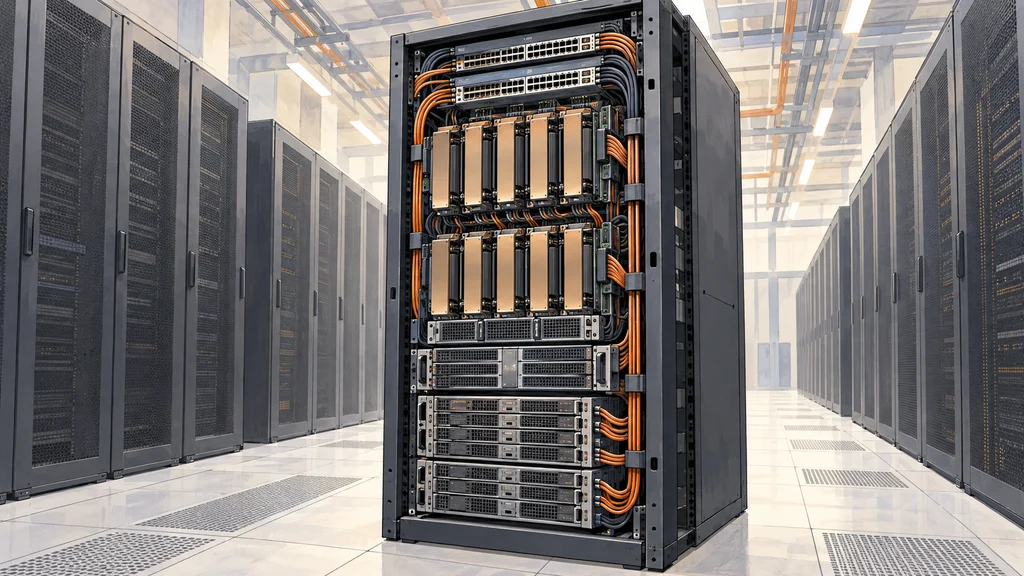 明るいデータセンターの通路に立つ、計算モジュール、サーバー、ネットワーク機器をまとめたAIラックの編集イラスト。内部の機器は束ねたケーブルで接続されている。