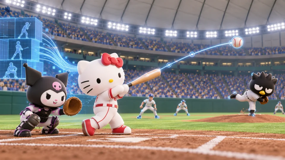 屋内球場で野球をするハローキティ、クロミ、バッドばつ丸。選手とボールの動きを示す光点と軌跡が、試合データを3Dアニメーションにする様子を表している。
