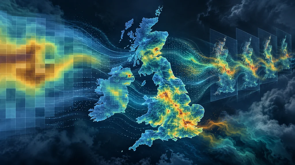 英国全土の大気汚染分布が粗い格子から細かな地域解像度へ生成的に変換される様子を示す科学イラスト