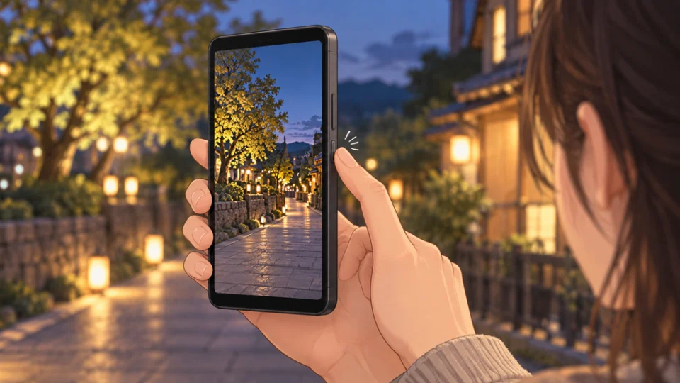 夕暮れの街路を背景に、手に持ったスマートフォンの側面ボタンを人差し指で押し、画面に街路の景色が映る編集イラスト。
