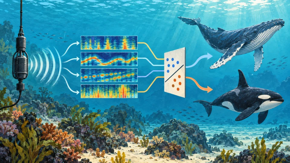 海中の録音器から音の特徴帯が線形分類図へ流れ、ザトウクジラとシャチの声の分類を表す編集イラスト。