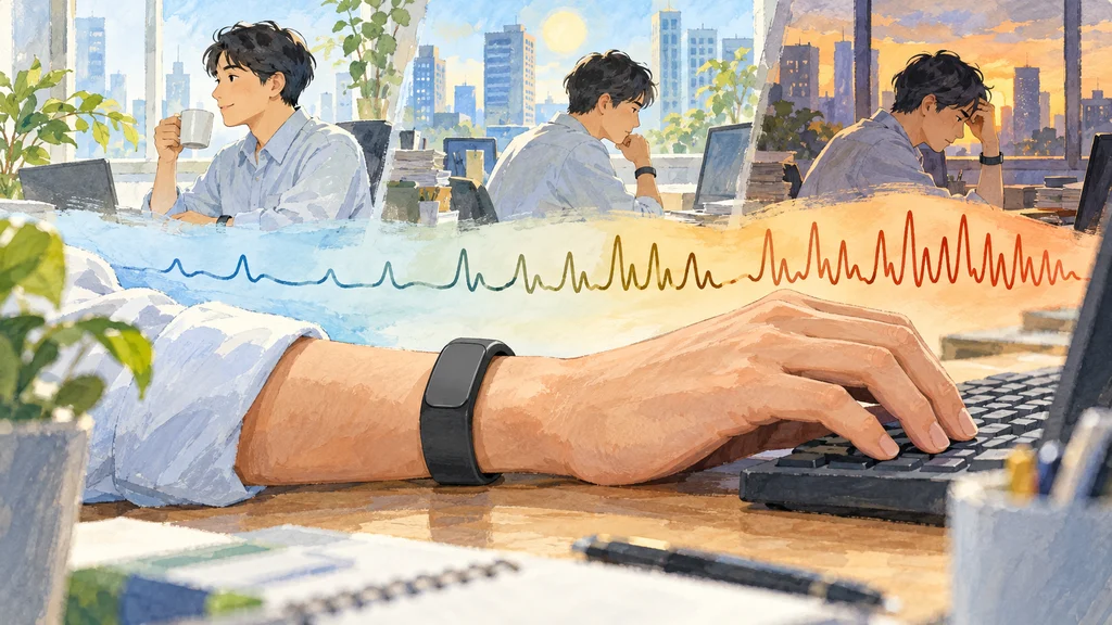職場の机でキーボードを操作する人の手首に、皮膚電気活動を連続計測する無地のセンサーが装着され、周囲に一日の発汗反応を示す抽象的な波形が描かれている。