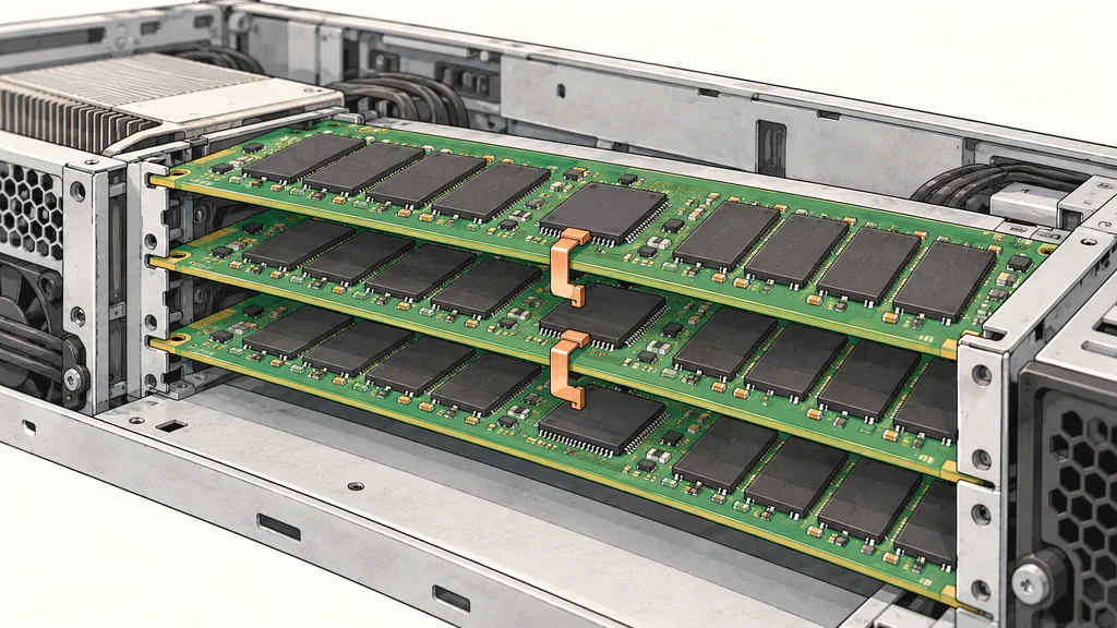サーバー筐体内に並ぶ3枚のフラッシュメモリーボード。各ボードのコントローラーが順につながり、複数のメモリーチップへ接続されている様子を描いた編集イラスト。