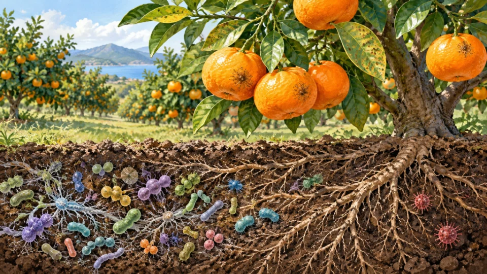 ミカン園の木の根元を土壌断面とともに描き、病斑のある果実と葉の下に、多様な土壌微生物を対比して示した編集イラスト。